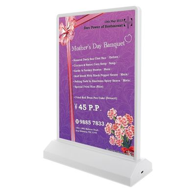 A4/A5 wiederaufladbarer Acryl Led-Tischmenü-Displayhalter mit 8000K Farbtemperatur